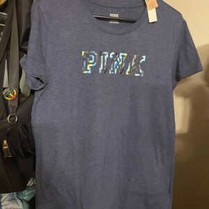 Victoria's Secret PINK Heather Navy Crewneck Tee with Multicolor Accent